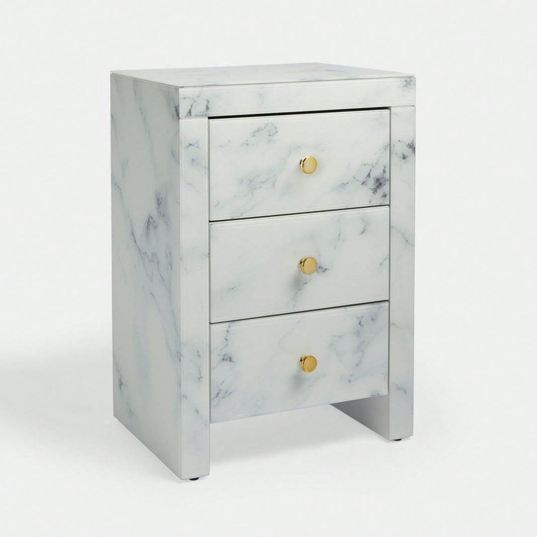 Elegant Marble Pattern Nightstand with 3 Drawers and Tempered Glass Top for Bedroom and Living Room Storage Image 1