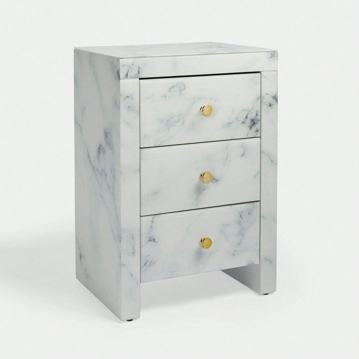 Elegant Marble Pattern Nightstand with 3 Drawers and Tempered Glass Top for Bedroom and Living Room Storage Image 1