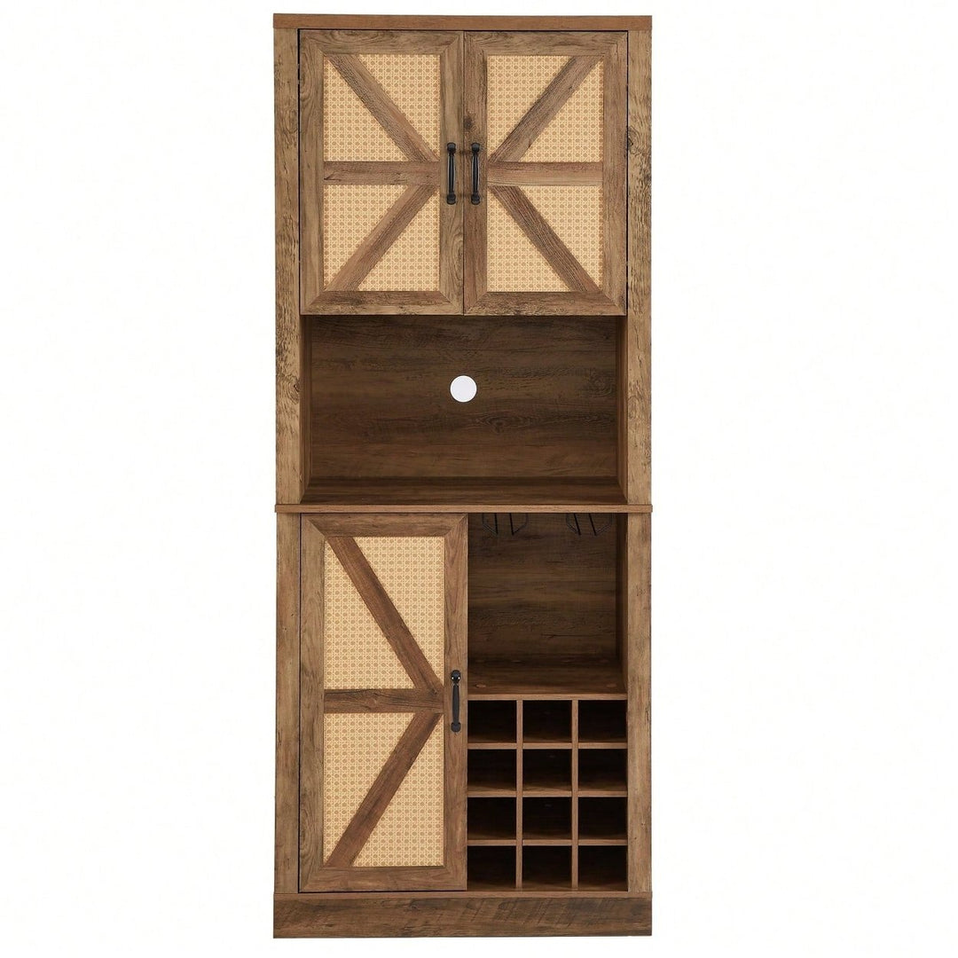 Farmhouse Style Faux Rattan Wine and Bar Cabinet with Barn Doors and Microwave Shelves Image 1