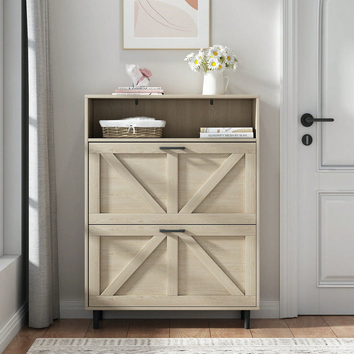 Farmhouse Shoe Storage Cabinet with Barn Door and 2 Flip Drawers for Entryway Antique White Finish Image 1