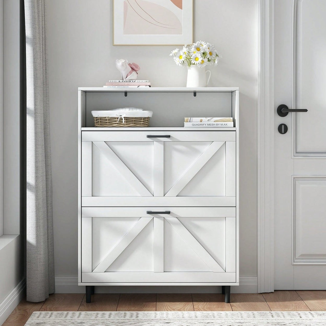 Farmhouse Shoe Storage Cabinet with Barn Door and 2 Flip Drawers for Entryway Antique White Finish Image 1