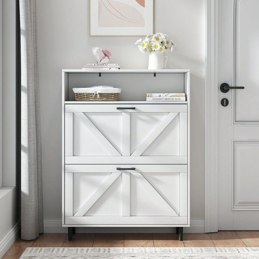 Farmhouse Shoe Storage Cabinet with Barn Door and 2 Flip Drawers for Entryway Antique White Finish Image 2