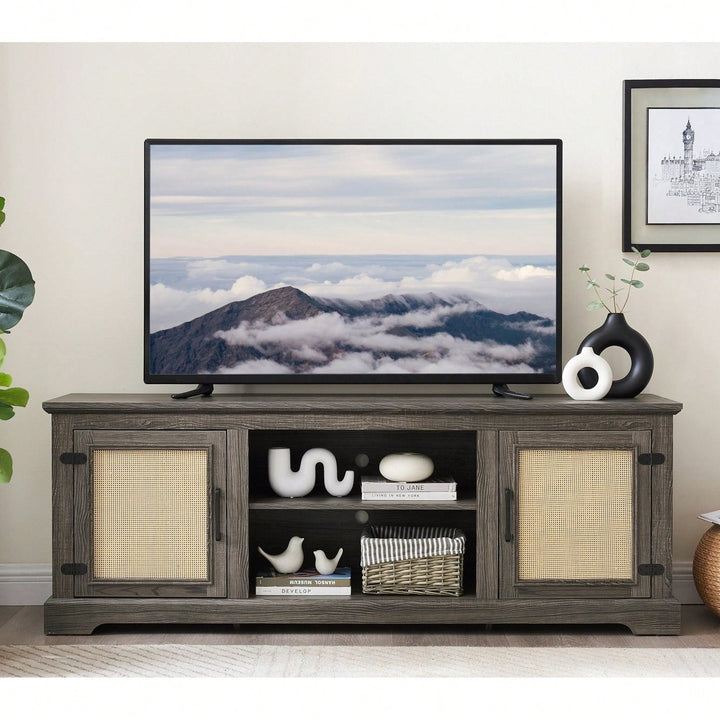 Farmhouse Rattan TV Stand Console Table For TVs Up To 70 Inches With Storage Shelves And Rattan Door Cabinets Image 3