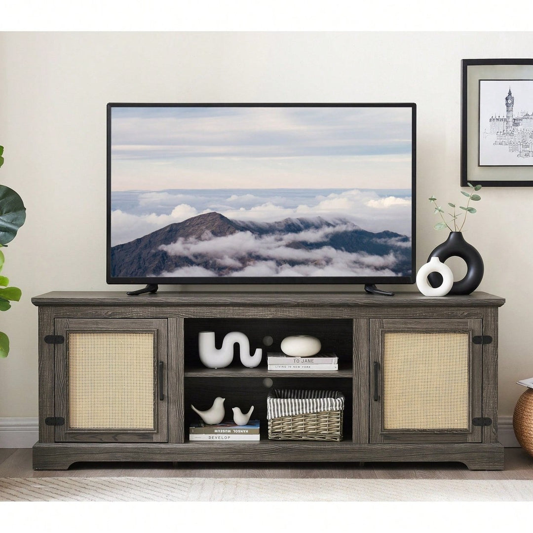 Farmhouse Rattan TV Stand Console Table For TVs Up To 70 Inches With Storage Shelves And Rattan Door Cabinets Image 1