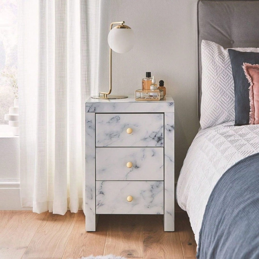 Elegant Marble Pattern Nightstand with 3 Drawers and Tempered Glass Top for Bedroom and Living Room Storage Image 4