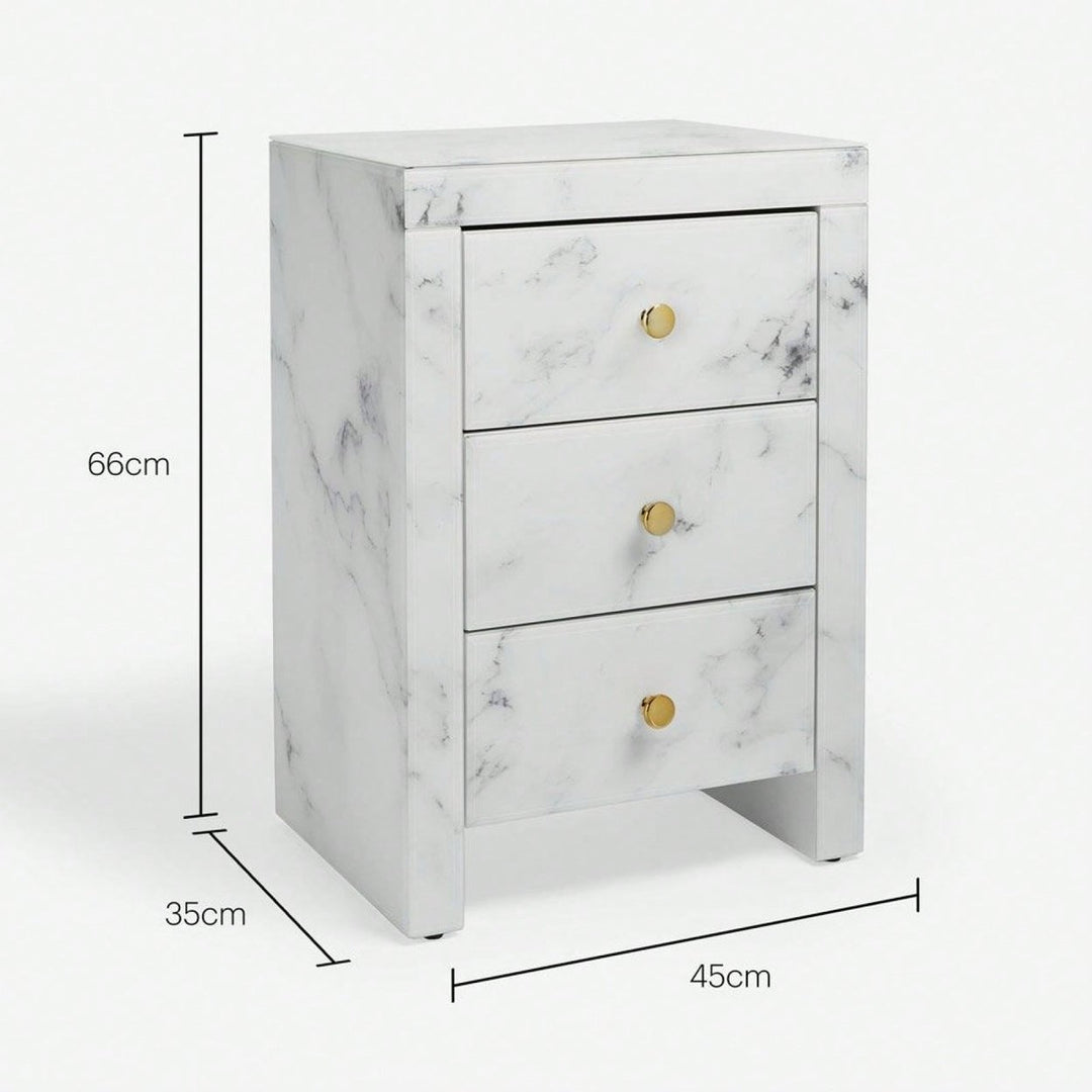 Elegant Marble Pattern Nightstand with 3 Drawers and Tempered Glass Top for Bedroom and Living Room Storage Image 5