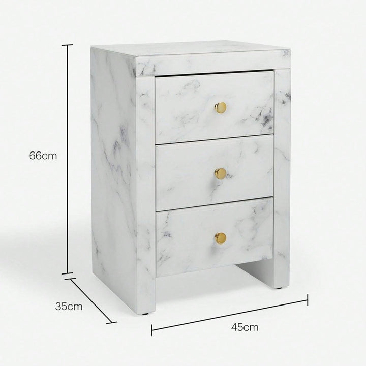 Elegant Marble Pattern Nightstand with 3 Drawers and Tempered Glass Top for Bedroom and Living Room Storage Image 5