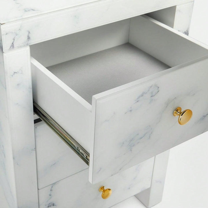 Elegant Marble Pattern Nightstand with 3 Drawers and Tempered Glass Top for Bedroom and Living Room Storage Image 6