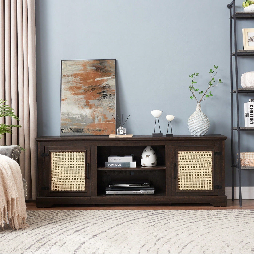 Farmhouse Rattan TV Stand Console Table For TVs Up To 70 Inches With Storage Shelves And Rattan Door Cabinets Image 4