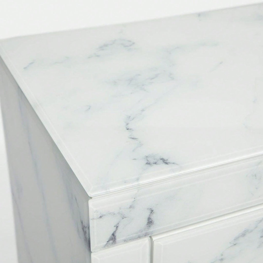 Elegant Marble Pattern Nightstand with 3 Drawers and Tempered Glass Top for Bedroom and Living Room Storage Image 7