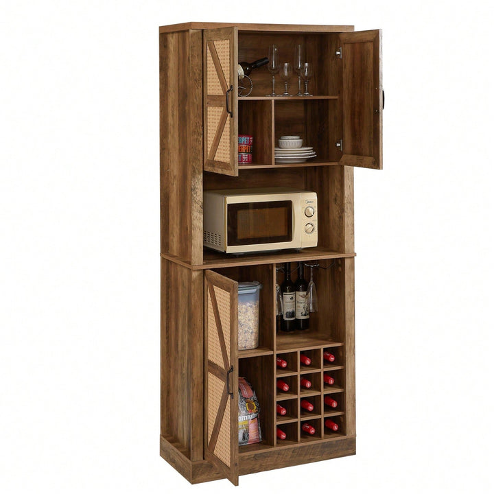 Farmhouse Style Faux Rattan Wine and Bar Cabinet with Barn Doors and Microwave Shelves Image 3