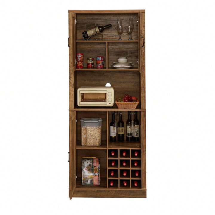 Farmhouse Style Faux Rattan Wine and Bar Cabinet with Barn Doors and Microwave Shelves Image 4