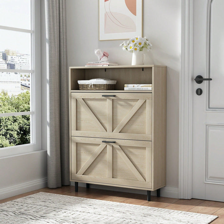 Farmhouse Shoe Storage Cabinet with Barn Door and 2 Flip Drawers for Entryway Antique White Finish Image 3