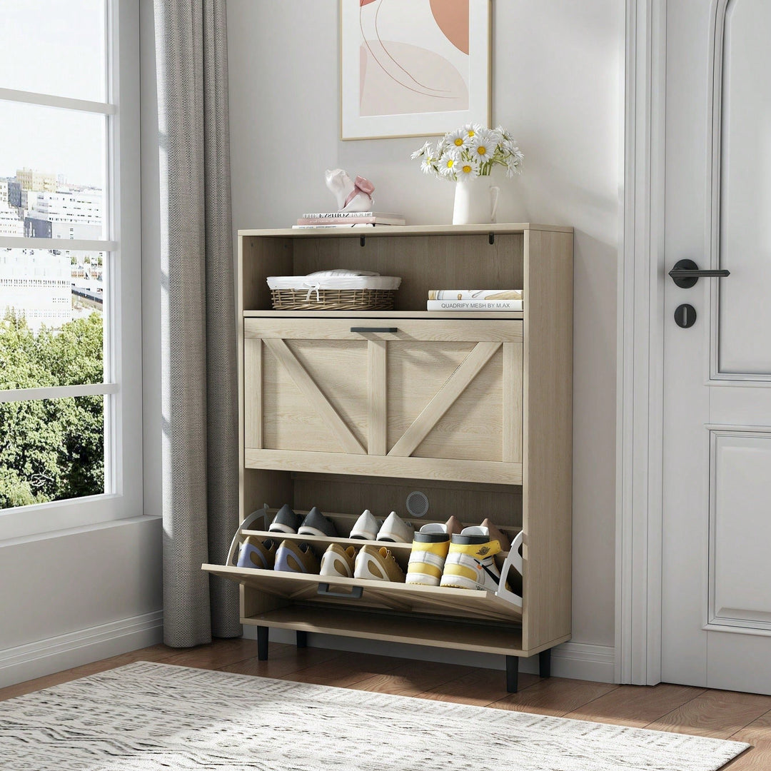 Farmhouse Shoe Storage Cabinet with Barn Door and 2 Flip Drawers for Entryway Antique White Finish Image 4