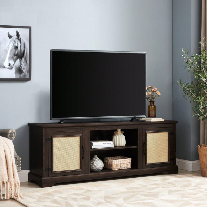 Farmhouse Rattan TV Stand Console Table For TVs Up To 70 Inches With Storage Shelves And Rattan Door Cabinets Image 5