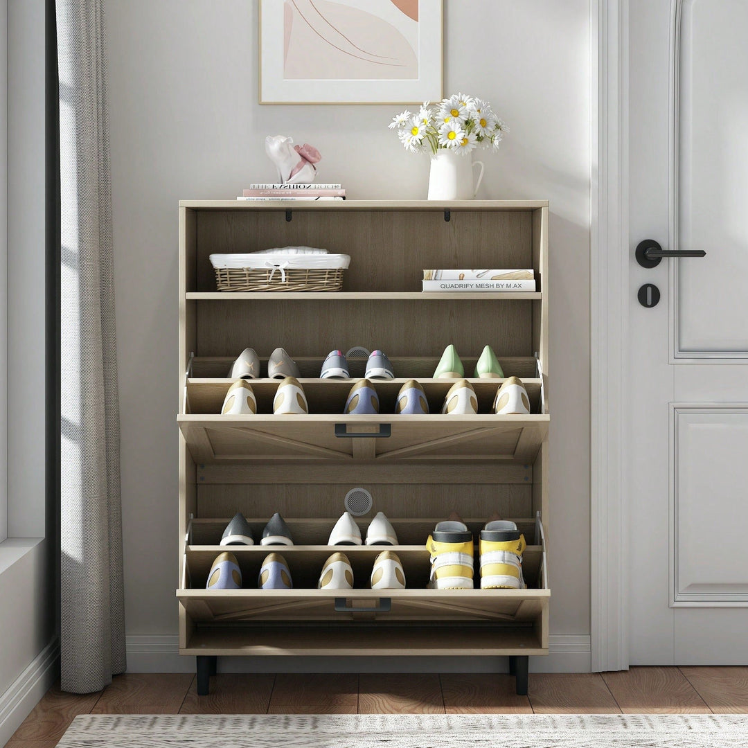 Farmhouse Shoe Storage Cabinet with Barn Door and 2 Flip Drawers for Entryway Antique White Finish Image 5