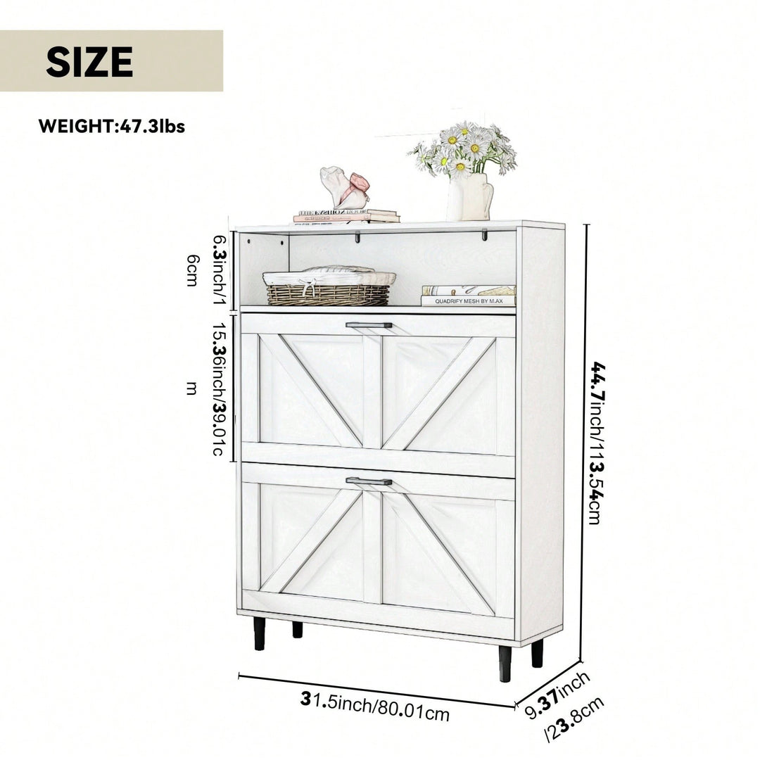 Farmhouse Shoe Storage Cabinet with Barn Door and 2 Flip Drawers for Entryway Antique White Finish Image 6