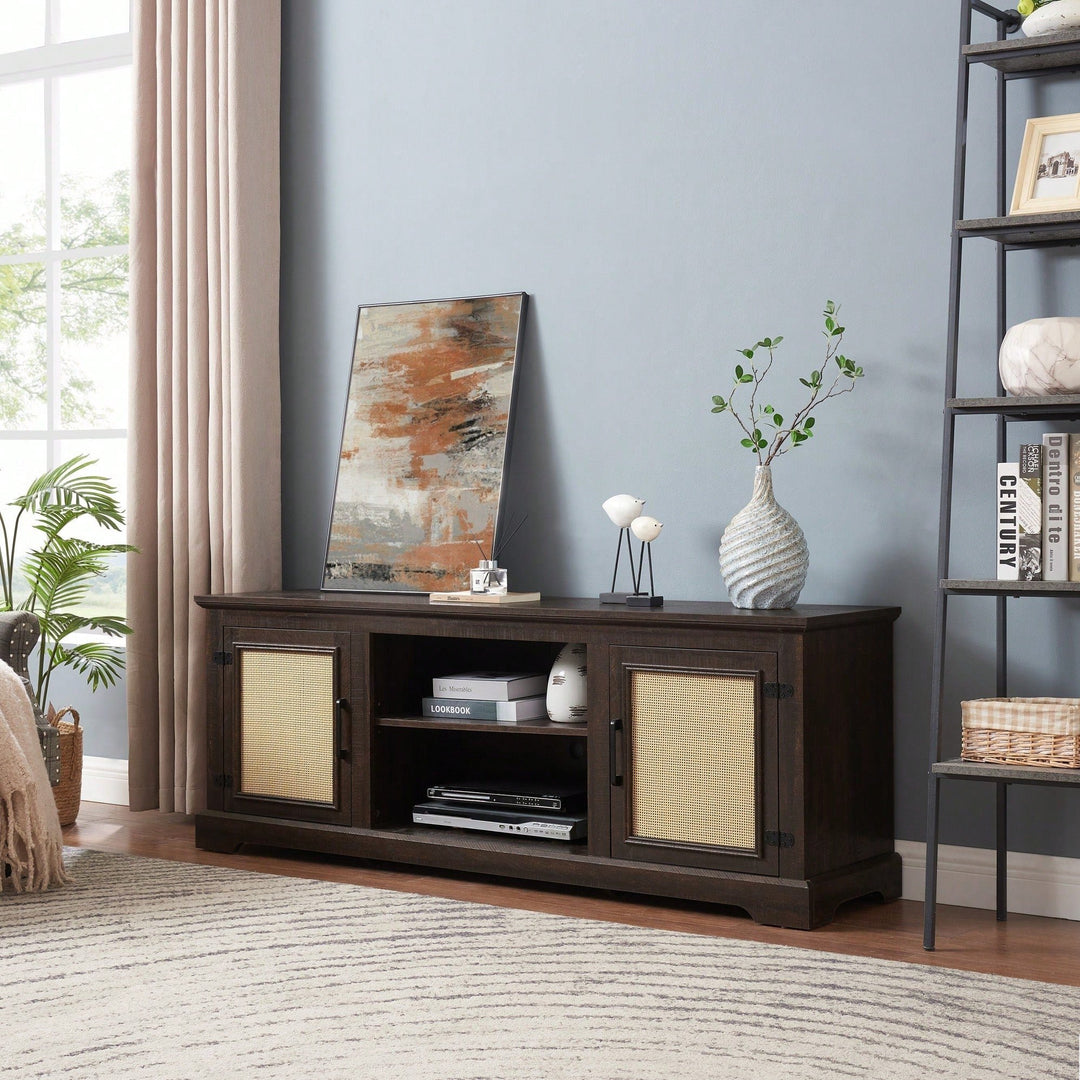 Farmhouse Rattan TV Stand Console Table For TVs Up To 70 Inches With Storage Shelves And Rattan Door Cabinets Image 6