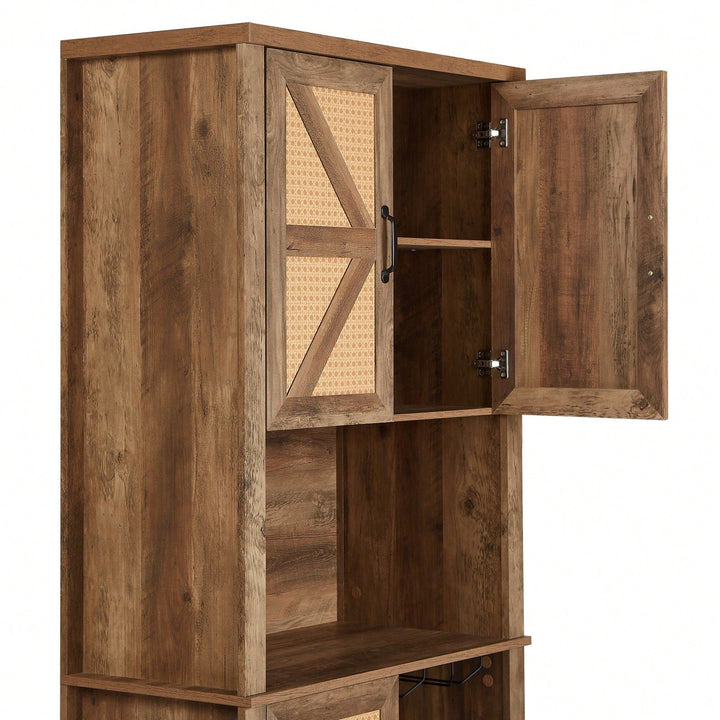 Farmhouse Style Faux Rattan Wine and Bar Cabinet with Barn Doors and Microwave Shelves Image 6