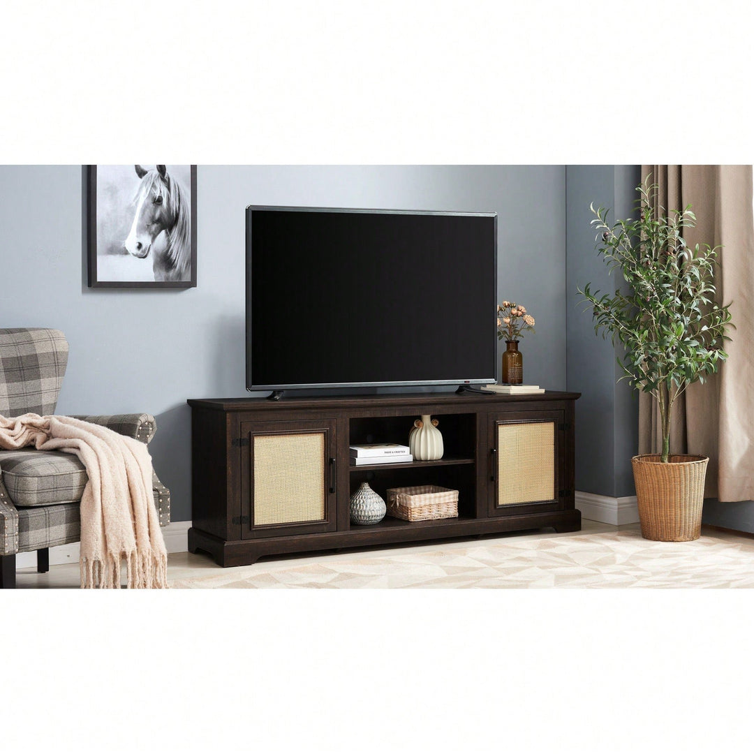 Farmhouse Rattan TV Stand Console Table For TVs Up To 70 Inches With Storage Shelves And Rattan Door Cabinets Image 7