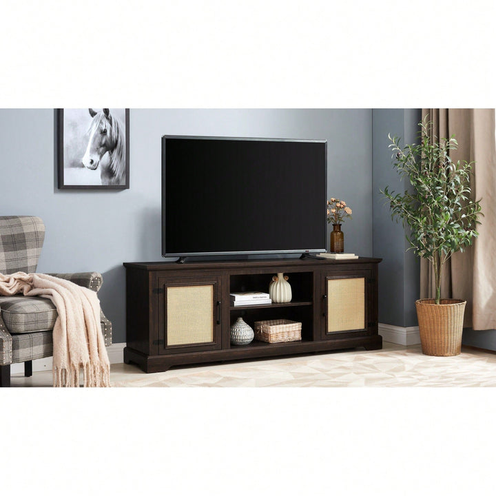 Farmhouse Rattan TV Stand Console Table For TVs Up To 70 Inches With Storage Shelves And Rattan Door Cabinets Image 7