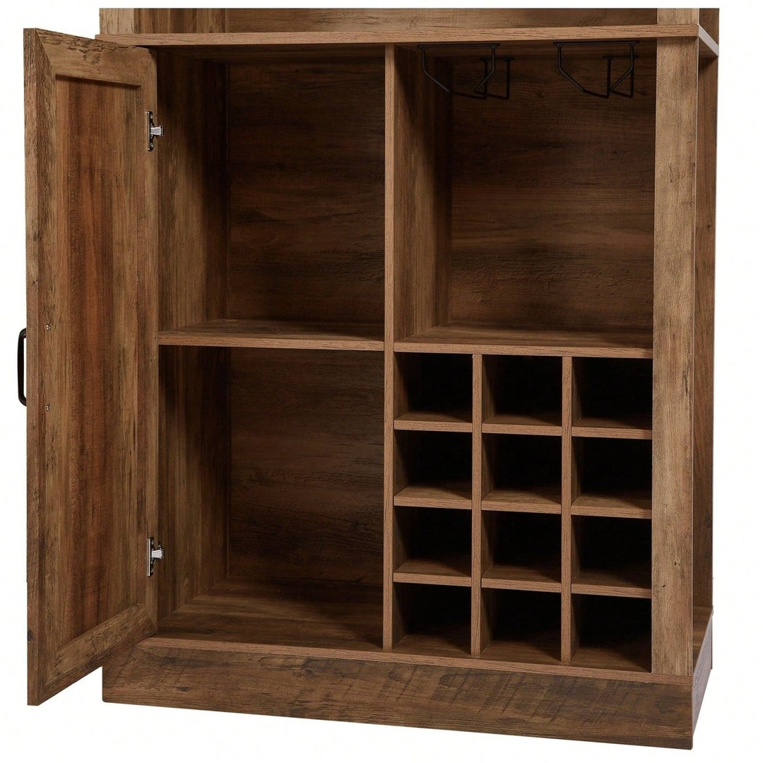 Farmhouse Style Faux Rattan Wine and Bar Cabinet with Barn Doors and Microwave Shelves Image 8