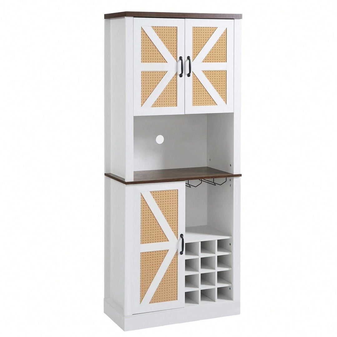 Farmhouse Style Faux Rattan Wine and Bar Cabinet with Barn Doors and Microwave Shelves Image 9