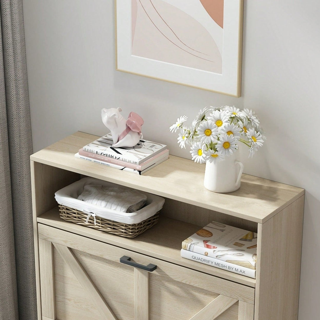 Farmhouse Shoe Storage Cabinet with Barn Door and 2 Flip Drawers for Entryway Antique White Finish Image 11