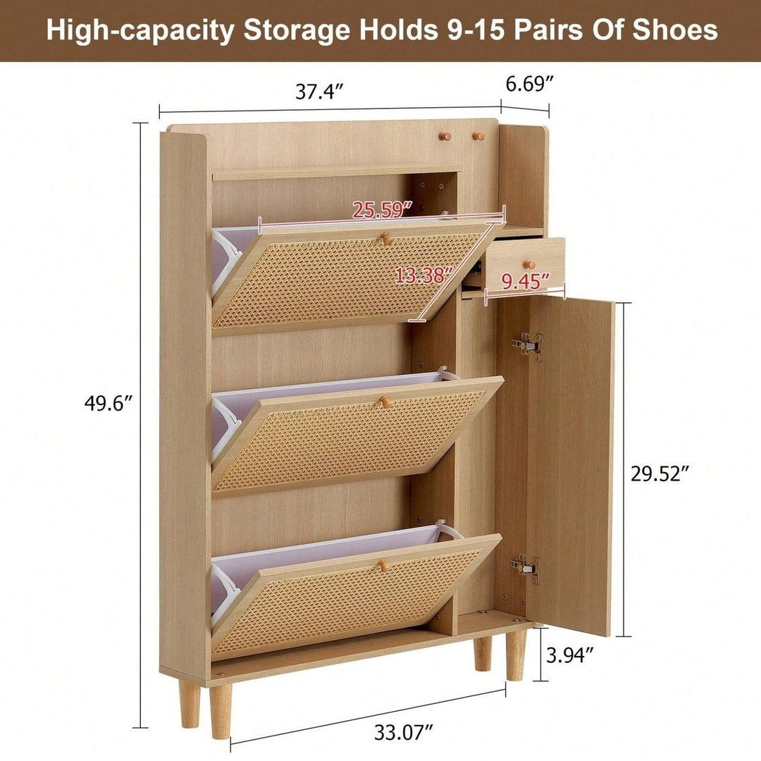 Elegant Minimalist Rattan Shoe Cabinet for Hallway and Living Room Stylish MDF Light Wood Storage Solution Image 5