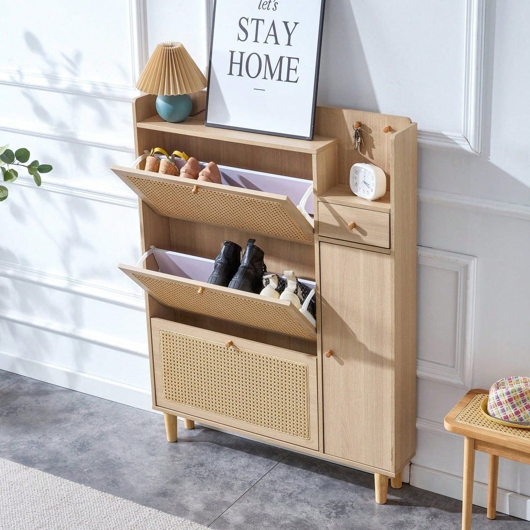 Elegant Minimalist Rattan Shoe Cabinet for Hallway and Living Room Stylish MDF Light Wood Storage Solution Image 6