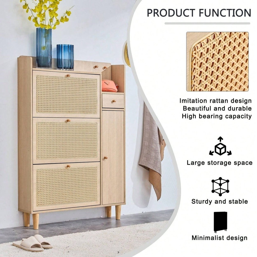 Elegant Minimalist Rattan Shoe Cabinet for Hallway and Living Room Stylish MDF Light Wood Storage Solution Image 7