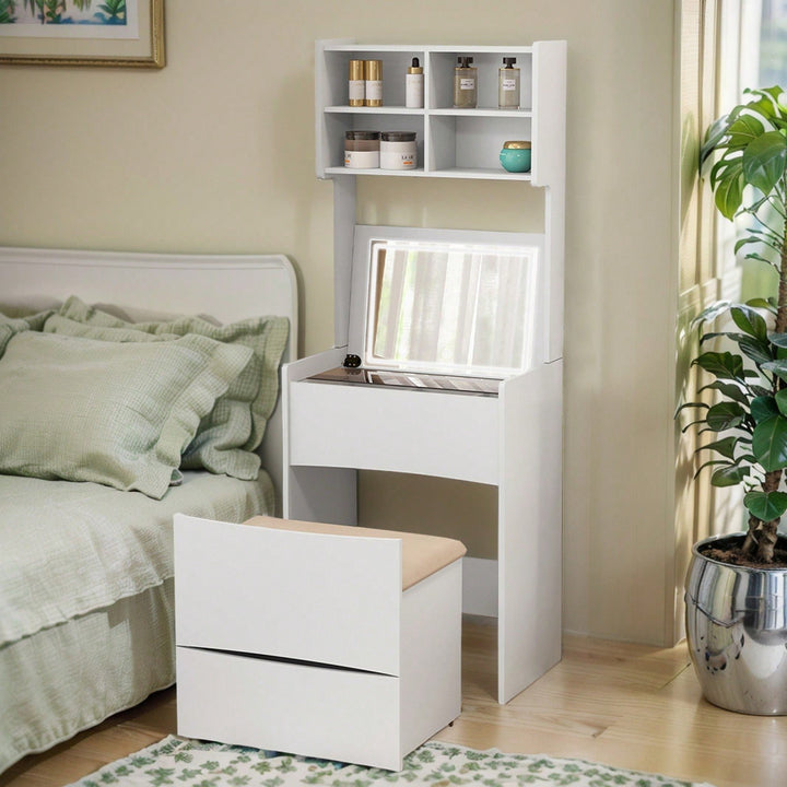 Flip Top LED Light Mirror Dressing Table With Removable Upholstered Stool, Makeup Vanity Dressing Table With Internal Image 3