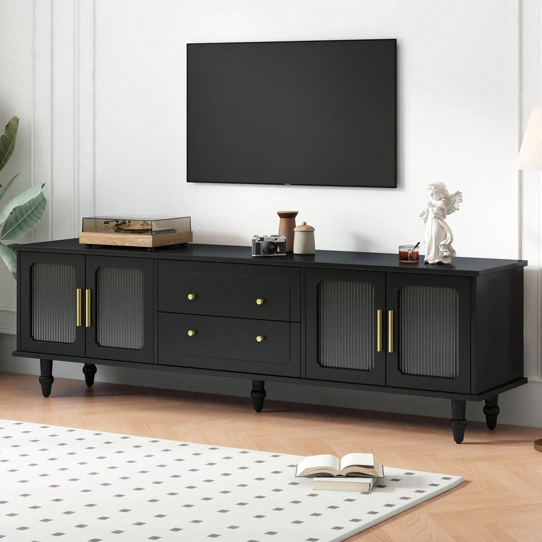 Fluted Glass Retro TV Stand for TVs Up to 78 Inch Media Console with Storage Drawers and Cabinets Image 2