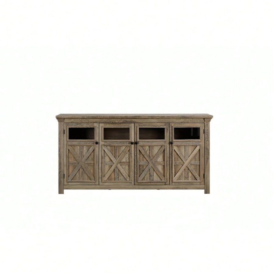 Farmhouse 4-Door Buffet Sideboard with Barn Design - Gray Wash Storage Cabinet for Dining Room Coffee Bar or Wine Bar Image 1