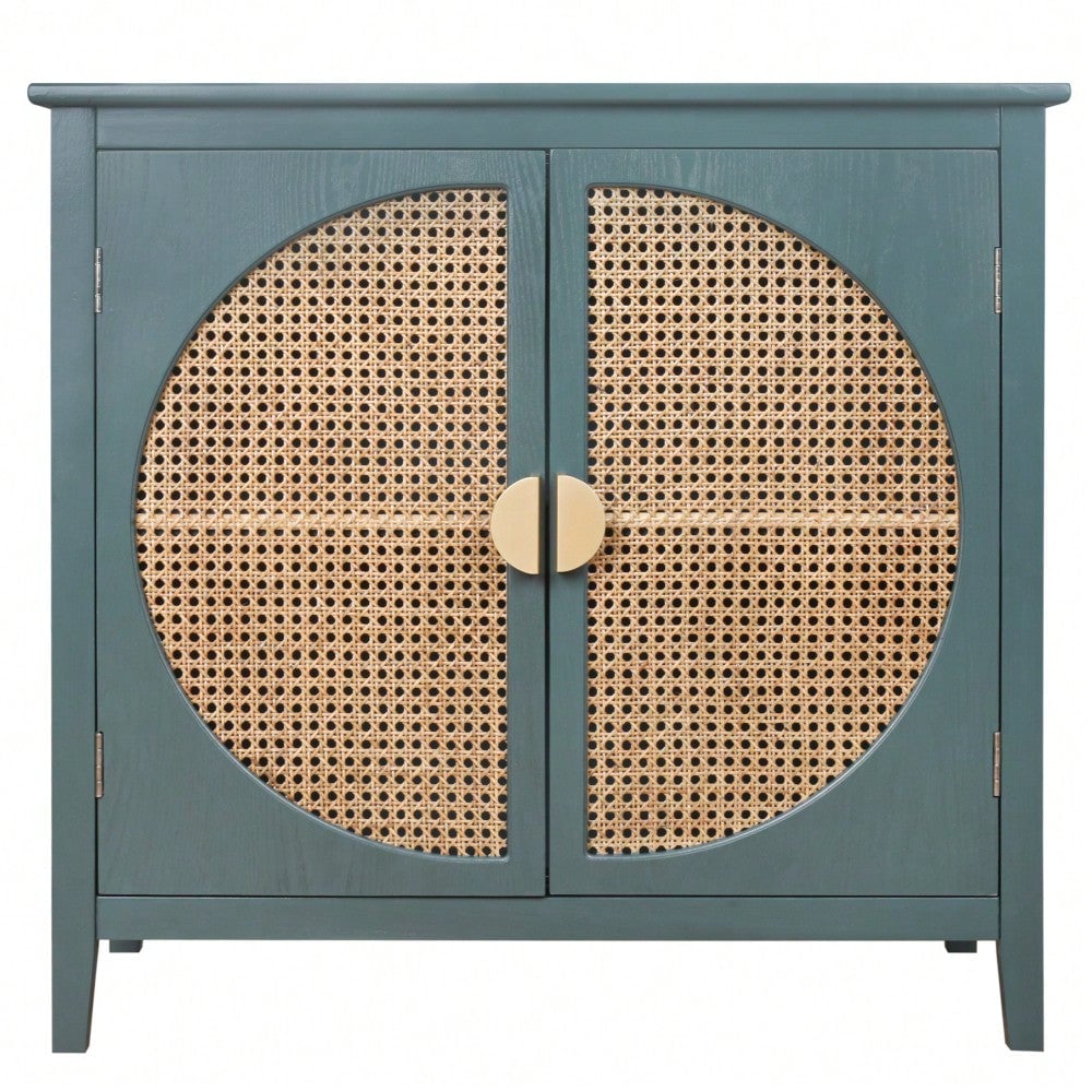 Elegant 2-Door Semi-Circular Cabinet With Natural Rattan Weaving  Versatile Storage For Living Room, Bedroom, And Study Image 1