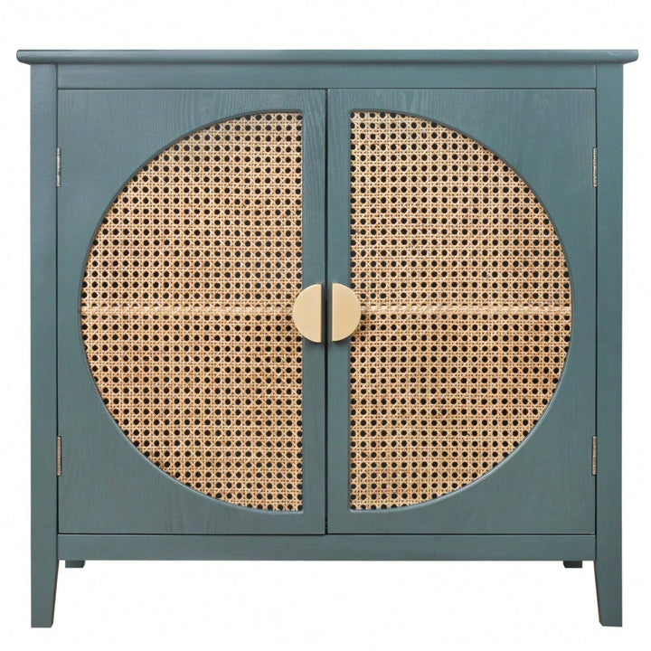 Elegant 2-Door Semi-Circular Cabinet With Natural Rattan Weaving  Versatile Storage For Living Room, Bedroom, And Study Image 1