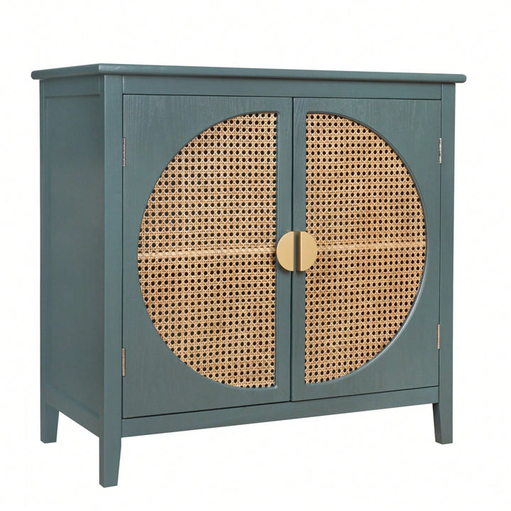 Elegant 2-Door Semi-Circular Cabinet With Natural Rattan Weaving  Versatile Storage For Living Room, Bedroom, And Study Image 2