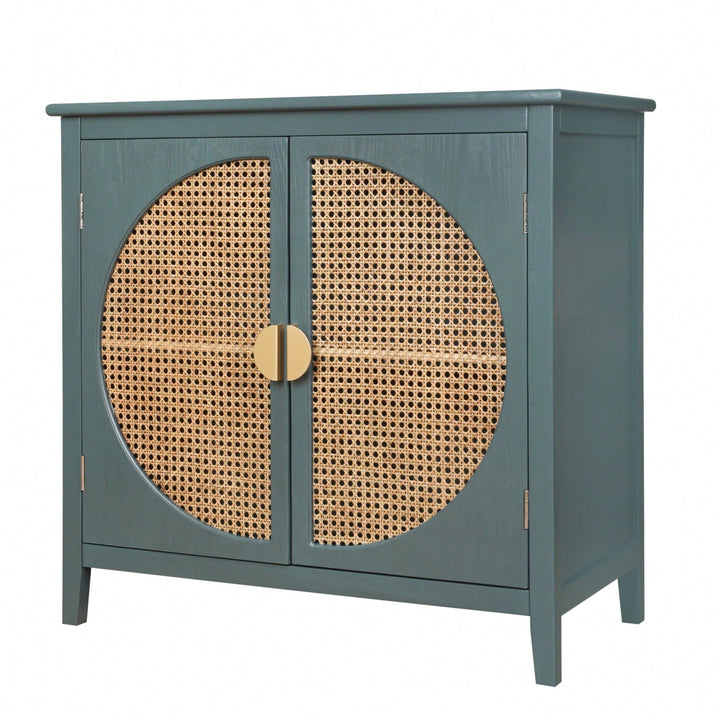 Elegant 2-Door Semi-Circular Cabinet With Natural Rattan Weaving  Versatile Storage For Living Room, Bedroom, And Study Image 3