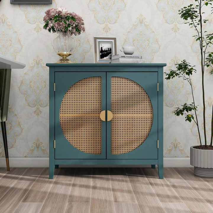 Elegant 2-Door Semi-Circular Cabinet With Natural Rattan Weaving  Versatile Storage For Living Room, Bedroom, And Study Image 8