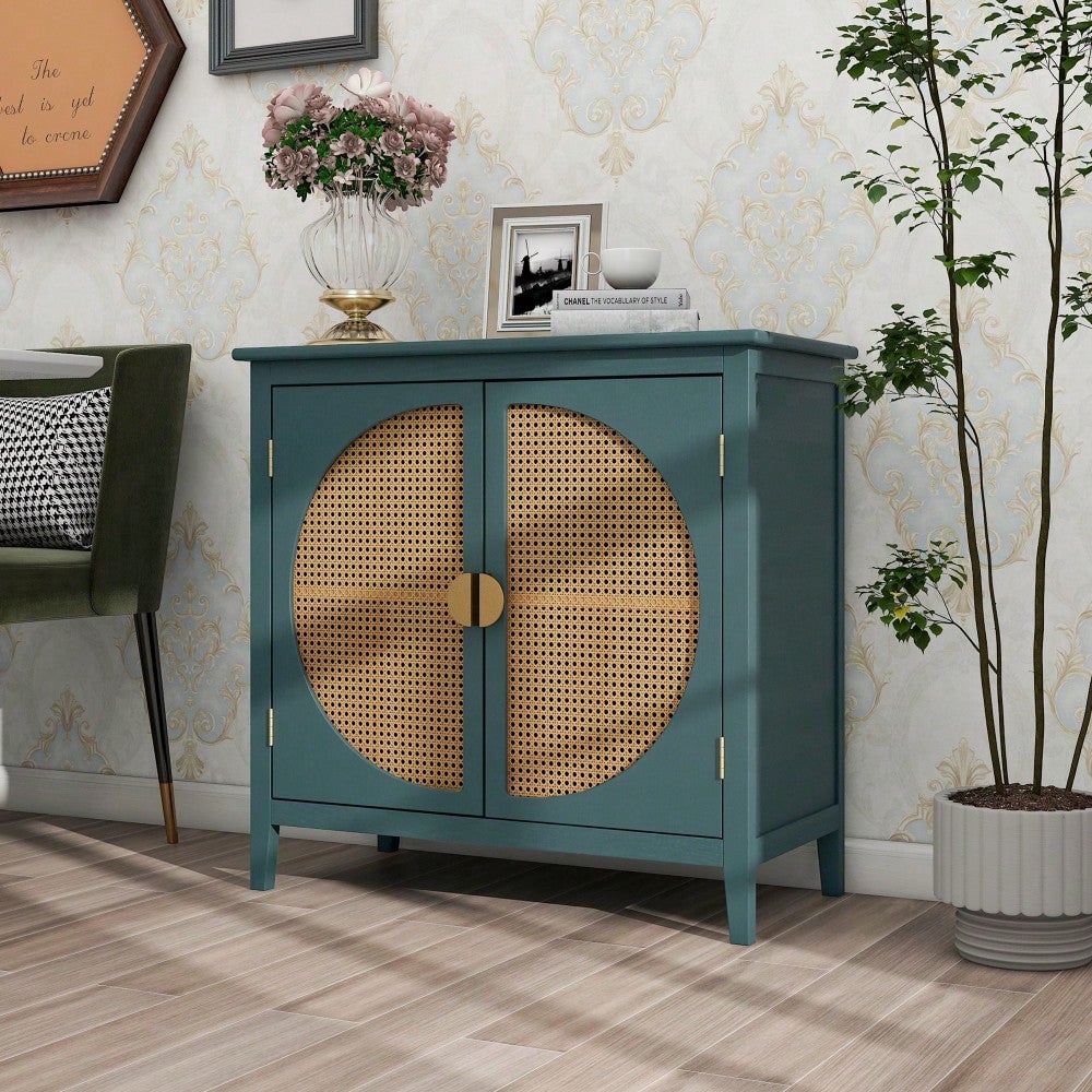 Elegant 2-Door Semi-Circular Cabinet With Natural Rattan Weaving  Versatile Storage For Living Room, Bedroom, And Study Image 9