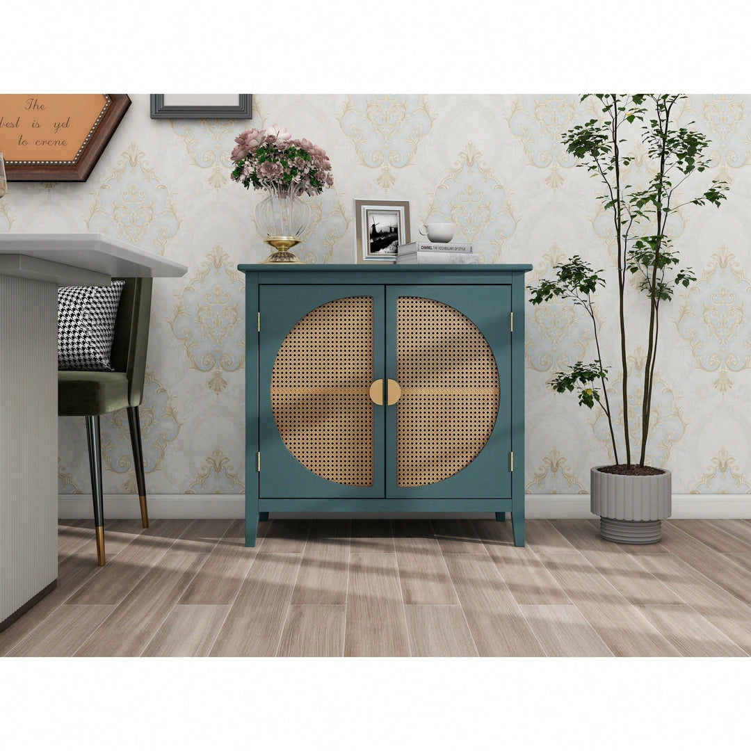 Elegant 2-Door Semi-Circular Cabinet With Natural Rattan Weaving  Versatile Storage For Living Room, Bedroom, And Study Image 10