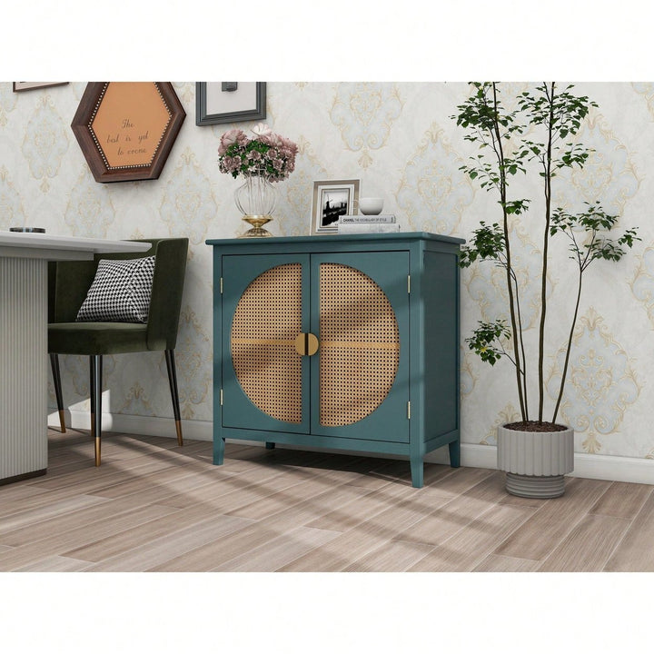 Elegant 2-Door Semi-Circular Cabinet With Natural Rattan Weaving  Versatile Storage For Living Room, Bedroom, And Study Image 11