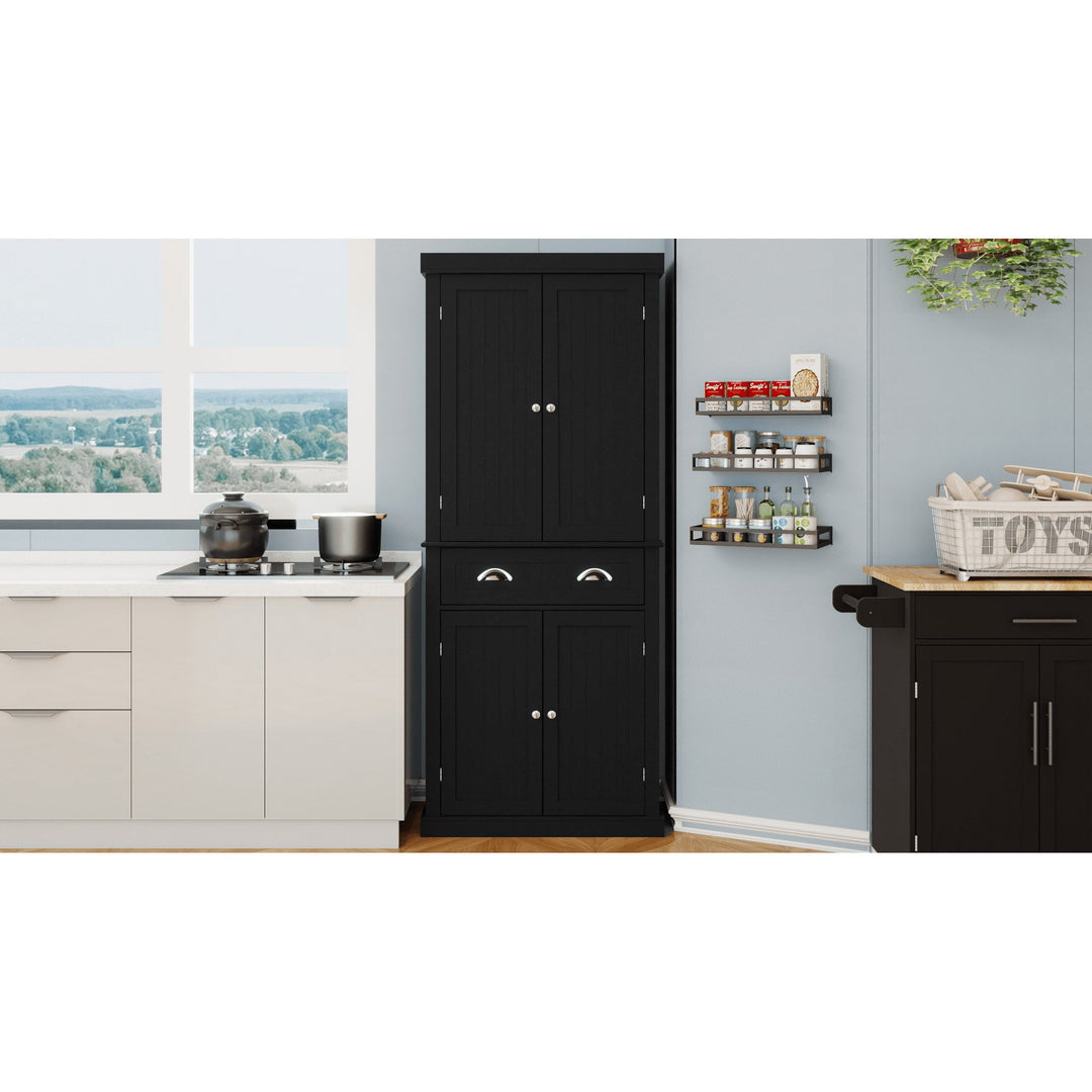 Elegant 71-Inch Kitchen Pantry Storage Cabinet With Adjustable Shelves, Drawer, And 4 Doors For Dining Room And Laundry Image 9