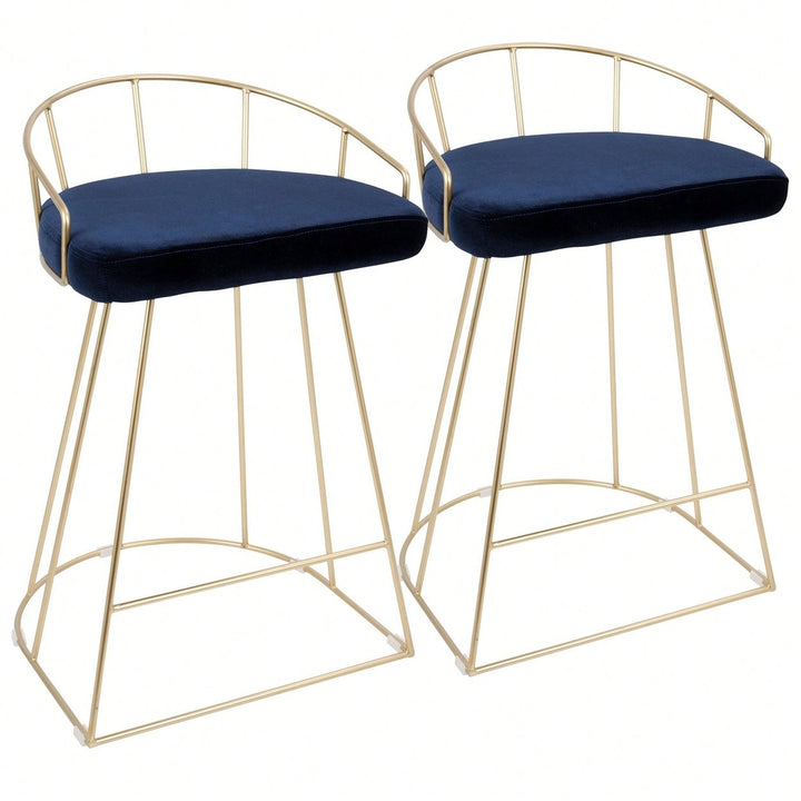 Contemporary-Glam Counter Stool In Gold With Blue Velvet - Set Of 2 Image 1