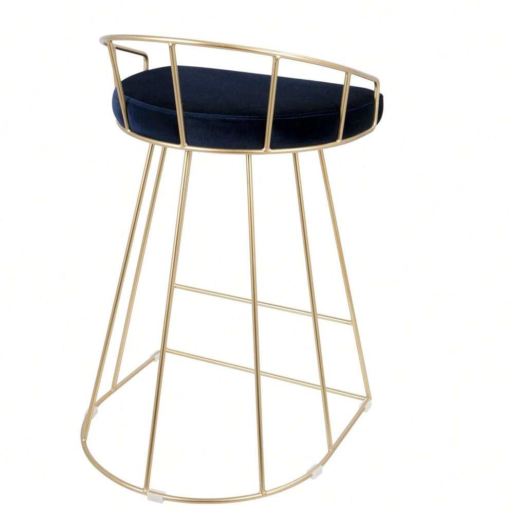 Contemporary-Glam Counter Stool In Gold With Blue Velvet - Set Of 2 Image 2