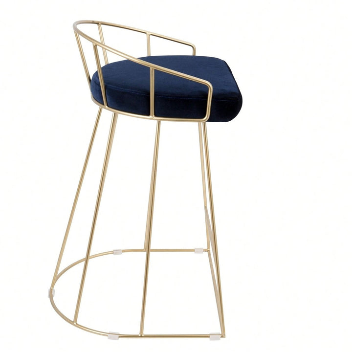 Contemporary-Glam Counter Stool In Gold With Blue Velvet - Set Of 2 Image 3