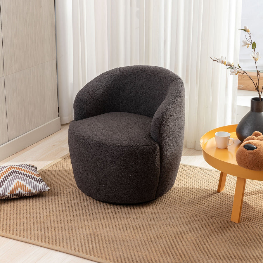 Cozy Teddy Fabric Swivel Accent Armchair - Barrel Chair with Black Metal Ring, Dark Gray Upholstery, Stylish and Image 1