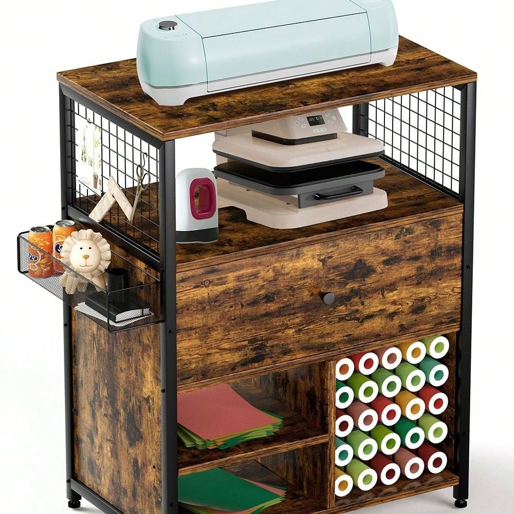 Craft Storage Cabinet with 25 Vinyl Roll Holders and Drawers for Organized Craft Room Workstation Image 3