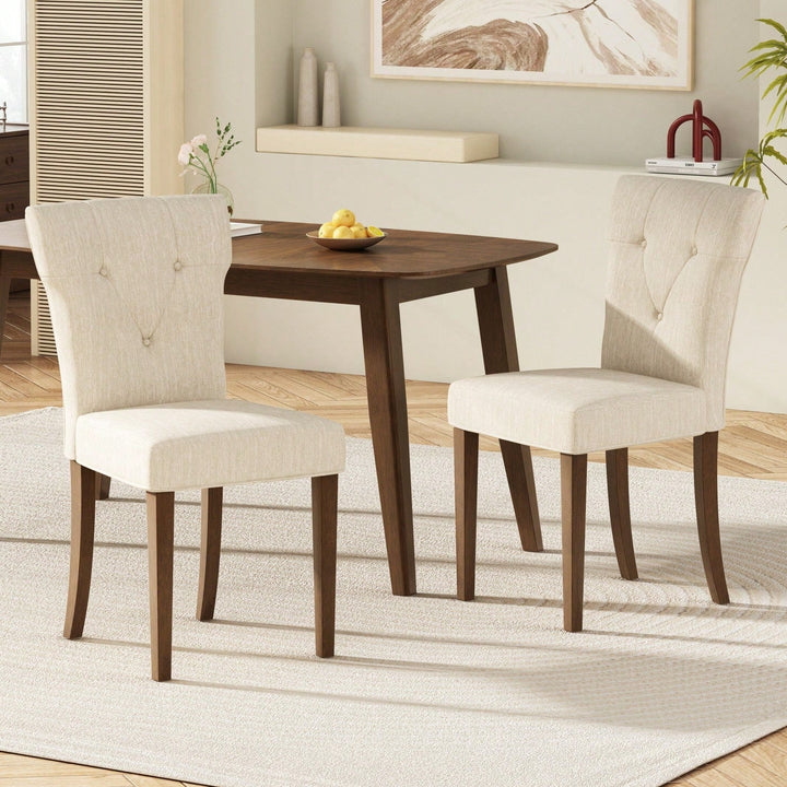 Cream Upholstered Dining Chairs Set Of 2 With Button-Tufted Design And Rubberwood Legs For Kitchen And Dining Room Image 8