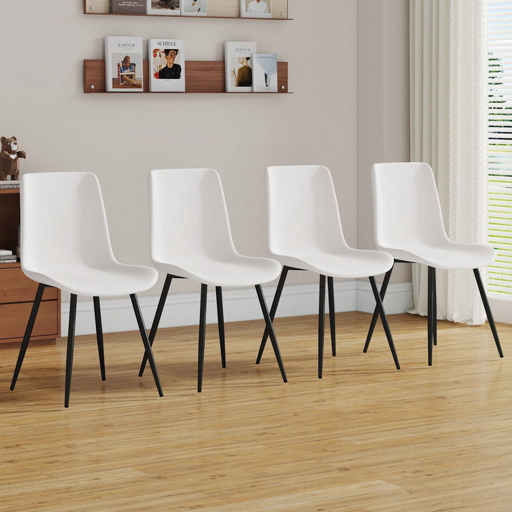 Curved Cushion White Faux Leather Dining Chairs with Black Metal Legs Set of 4 for Kitchen Restaurant Office Image 2